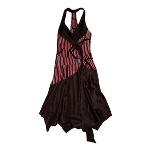Y2K Bebe Brown Pink Silk Handkerchief Hem T-Back Party Dress Medium